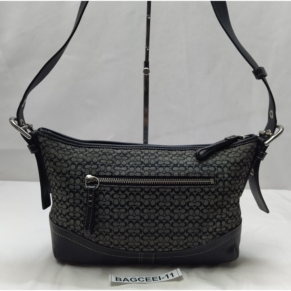 Coach Signature Mini C Black Canvas Leather Trim Zipper Hobo Shoulder Bag - Picture 3 of 16